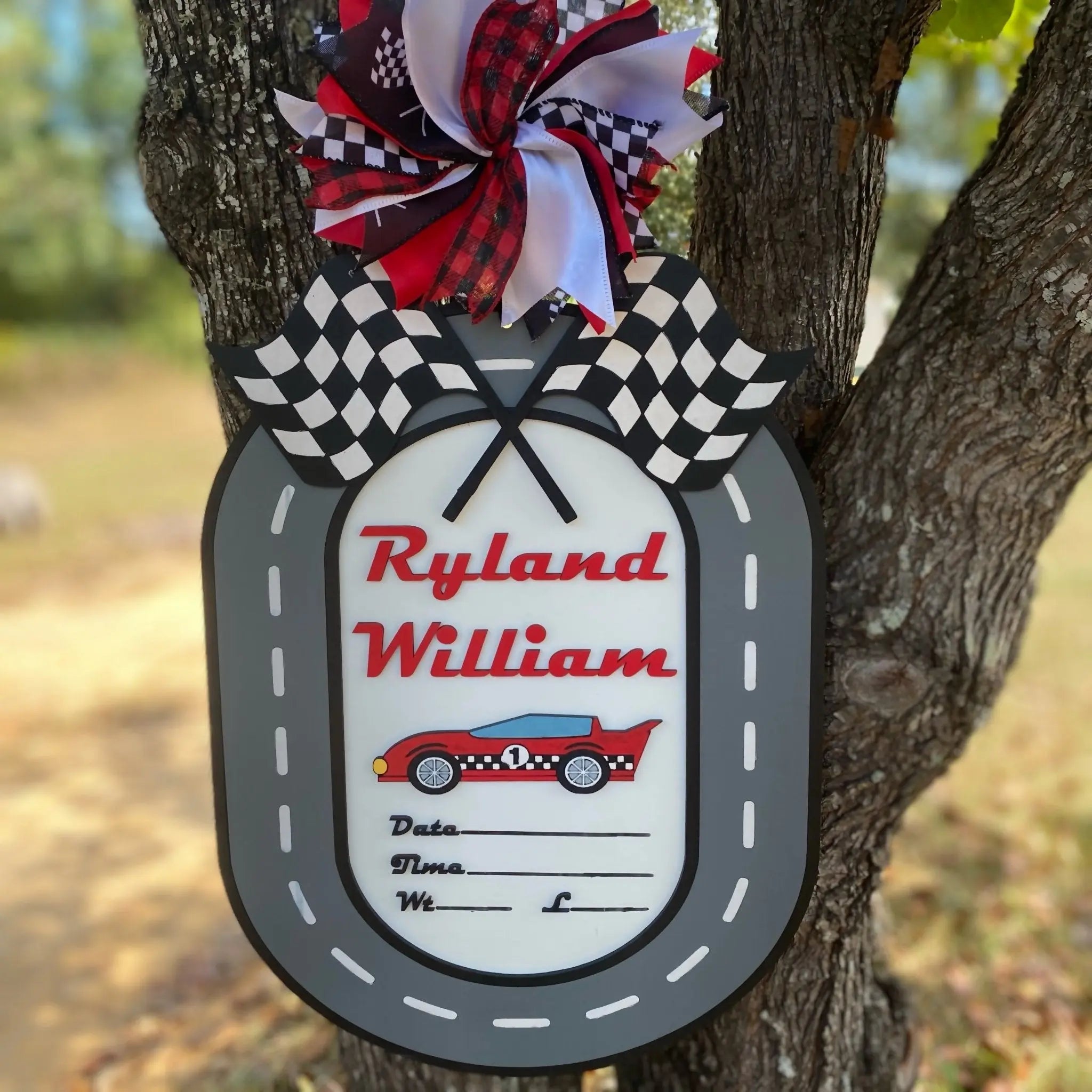 Racing Car Birth Announcement Door Hanger by Poor Hog Customs, Southern home decor main product photo