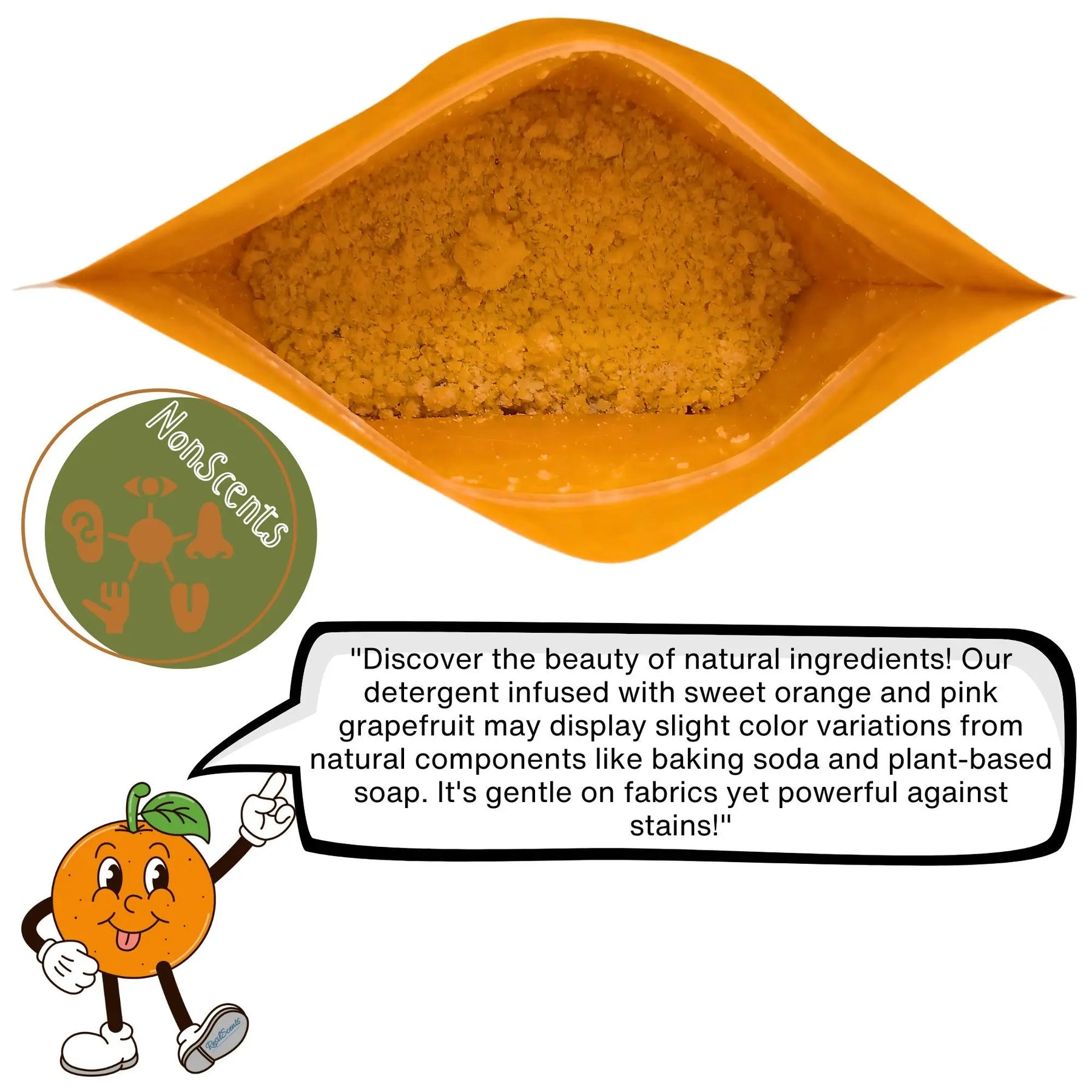 Open bag of radiant citrus laundry detergent, cartoon orange pointing to product description, NonsScents logo.