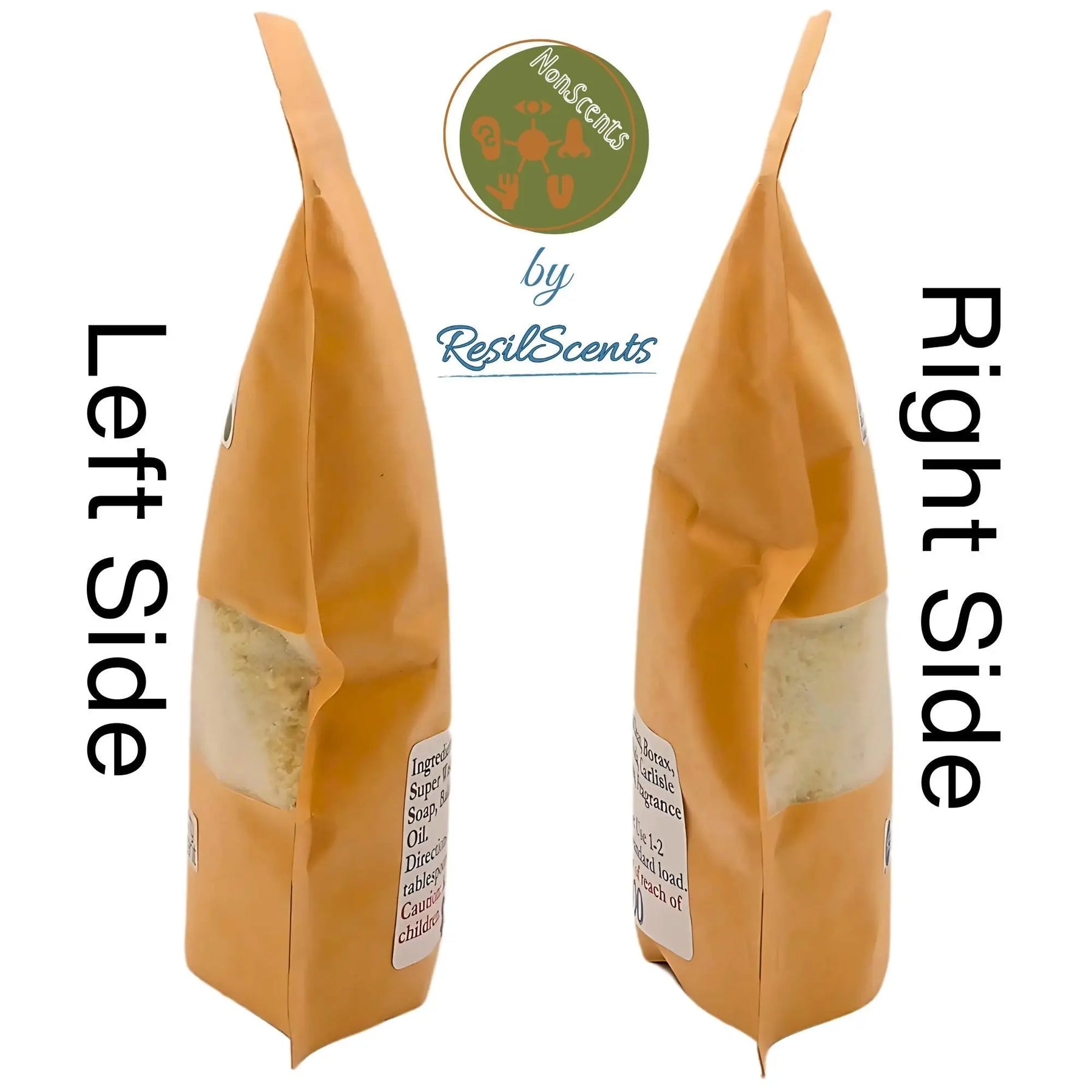 Two brown paper bags of NonScents laundry detergent labeled 'Left Side' and 'Right Side'.