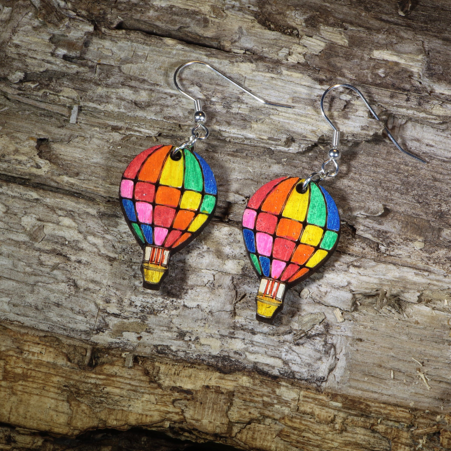Rainbow Hot Air Balloon Wooden Dangle Earrings | Travel Jewelry