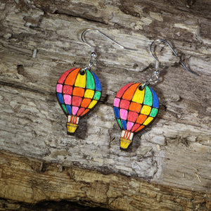 Rainbow Hot Air Balloon Wooden Dangle Earrings | Travel Jewelry