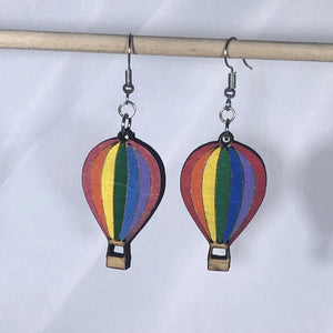 Rainbow Hot Air Balloon Wooden Dangle Earrings | Travel Jewelry