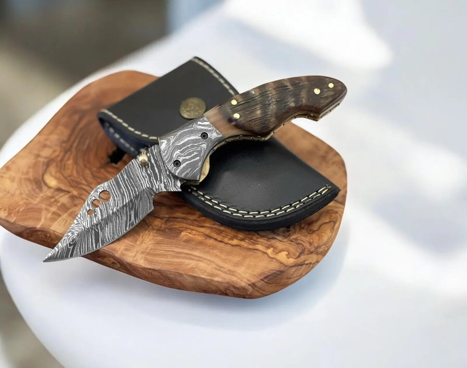 Ram Horn Damascus Pocket Knife – 3" Blade with Leather Case Damascus Knife Store