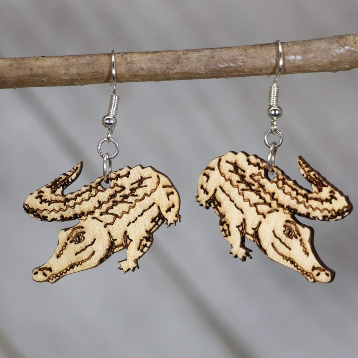 Realistic Alligator Wooden Dangle Earrings | Reptile Jewelry