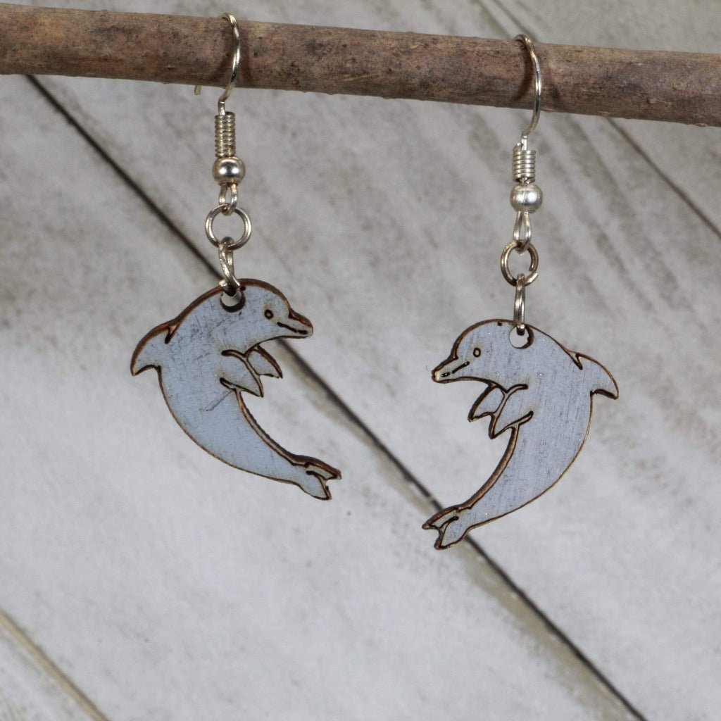 Realistic Dolphin Wooden Dangle Earrings | Ocean Animal Jewelry