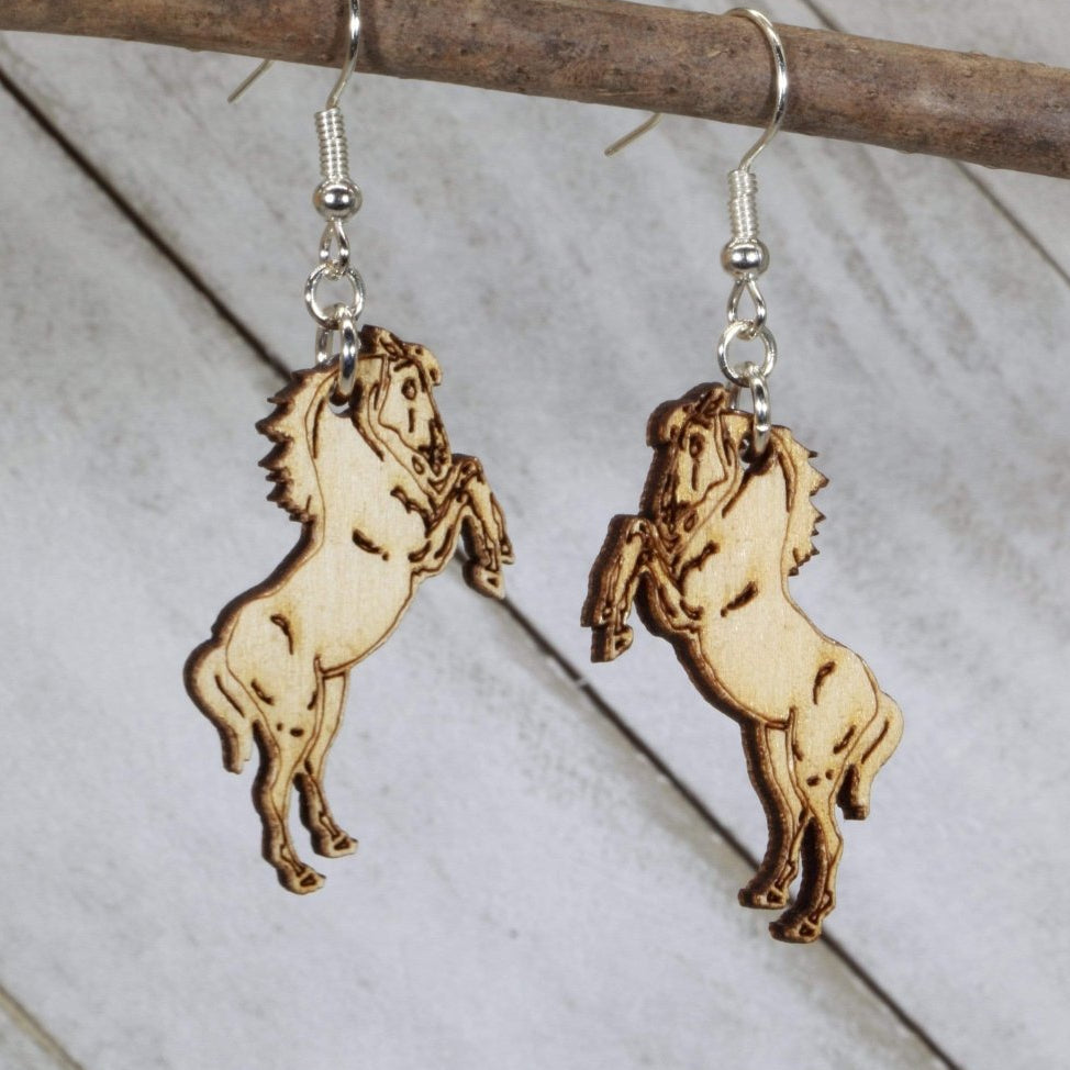 Realistic Mustang Horse Wooden Dangle Earrings | Western Animal Jewelry by Cate's Concepts, LLC, handmade jewelry main product photo