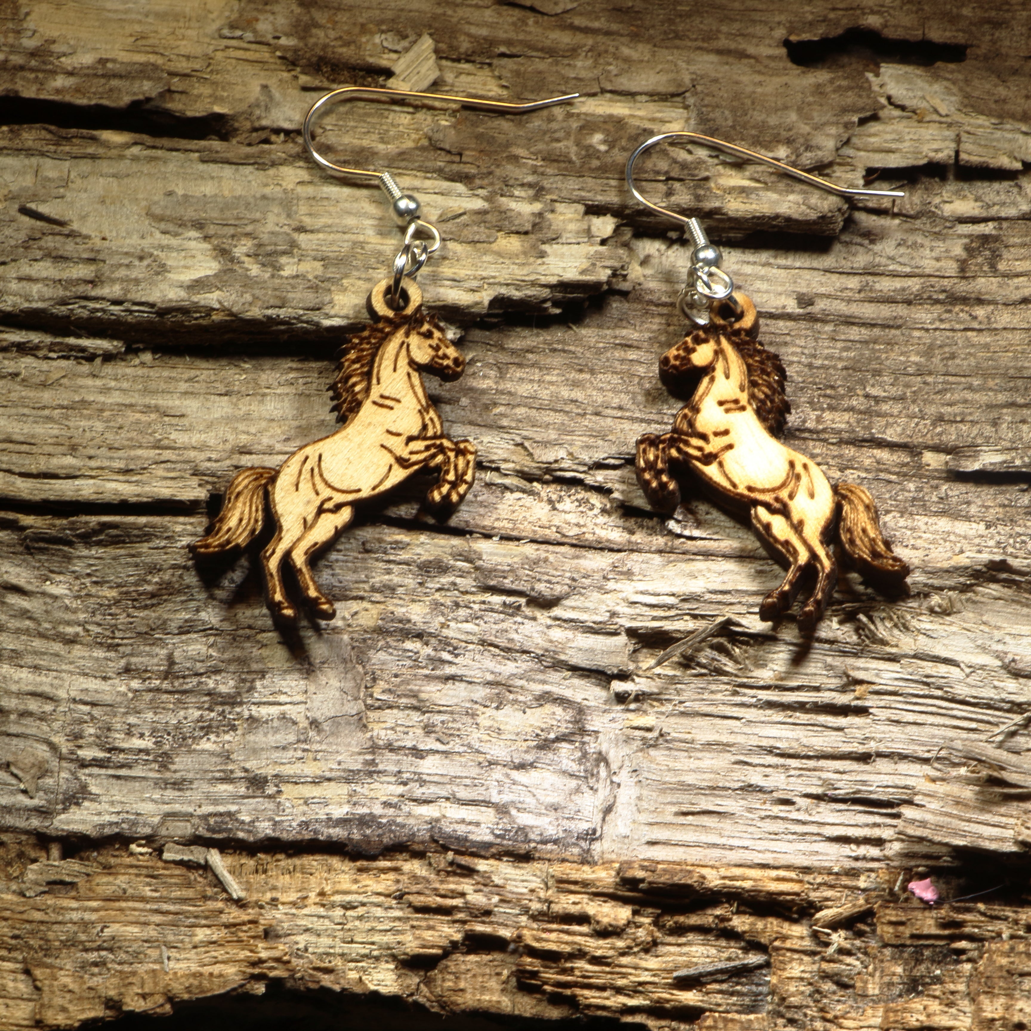 Rearing Horse Wooden Dangle Earrings | Western Equestrian Jewelry