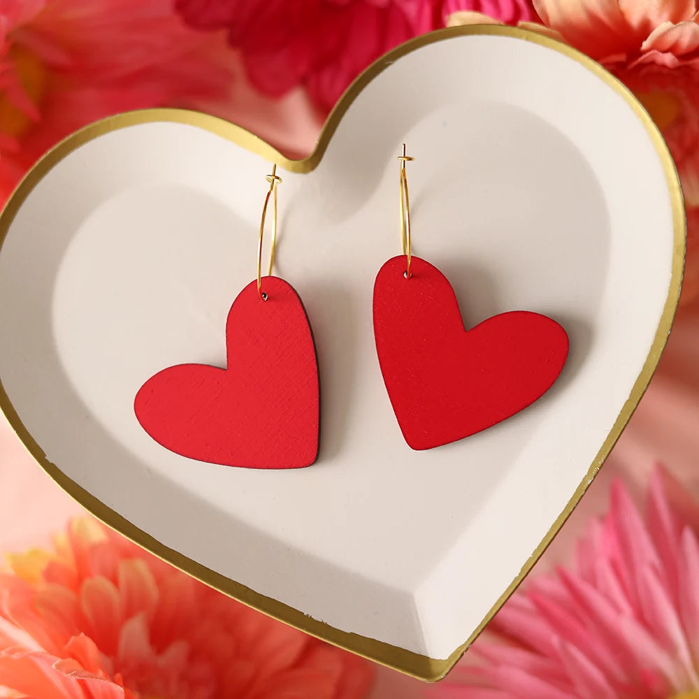 Red Heart Hoop Earrings hand painted on lightweight wood by LE CHIC MIAMI