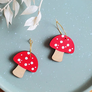 Red Mushroom Hoop Earrings hand painted on lightweight wood by LE CHIC MIAMI