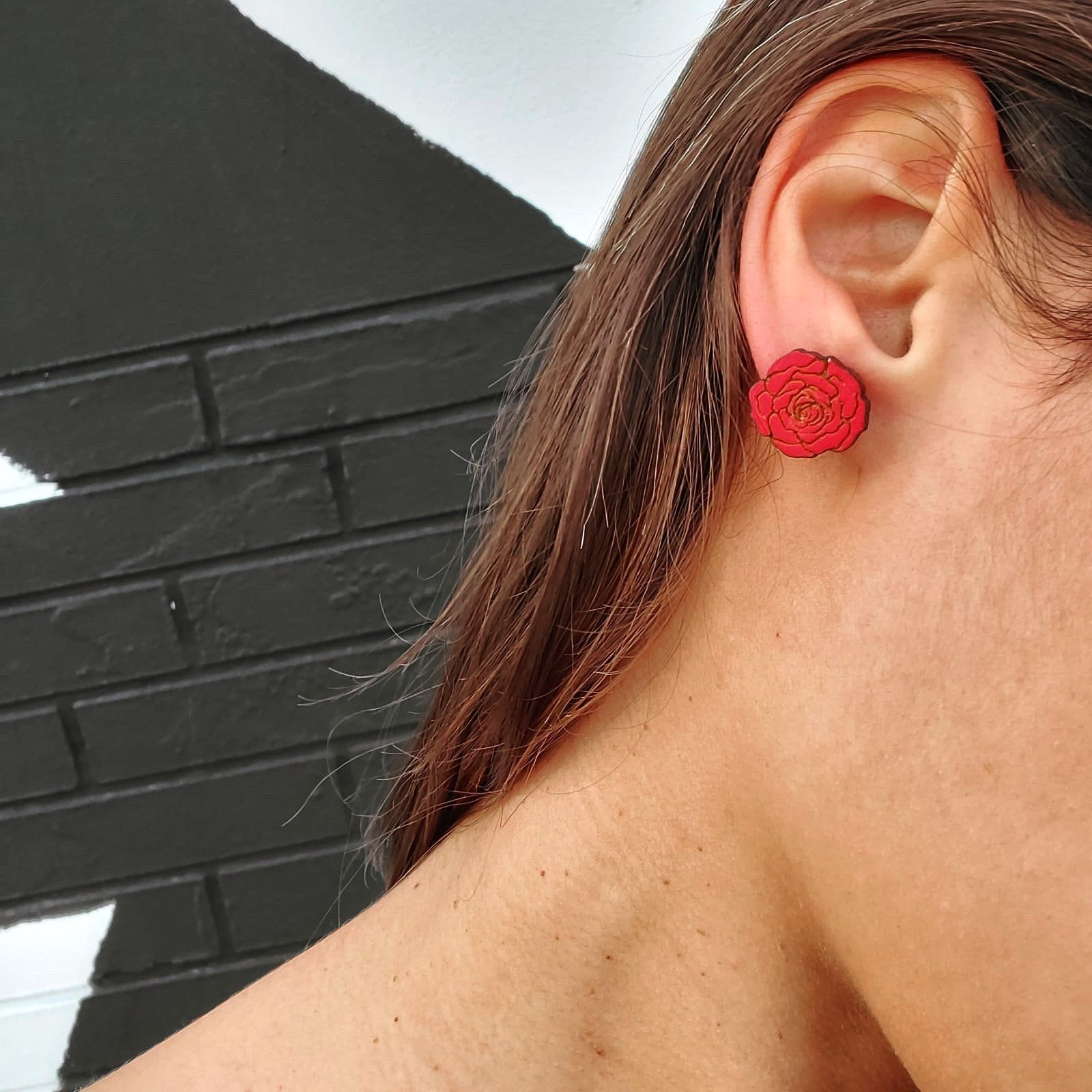 Additional view of Red Rose Stud Earrings hand painted on lightweight wood by LE CHIC MIAMI