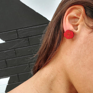 Additional view of Red Rose Stud Earrings hand painted on lightweight wood by LE CHIC MIAMI