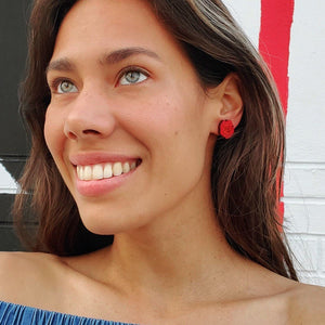 Additional view of Red Rose Stud Earrings hand painted on lightweight wood by LE CHIC MIAMI