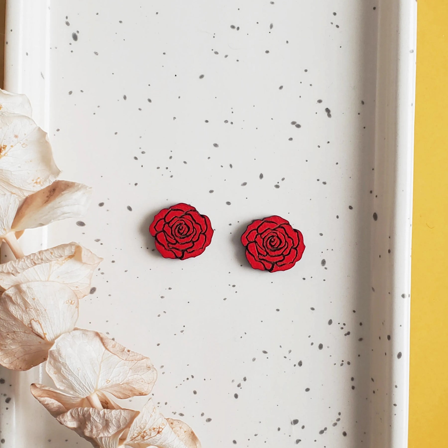 Additional view of Red Rose Stud Earrings hand painted on lightweight wood by LE CHIC MIAMI