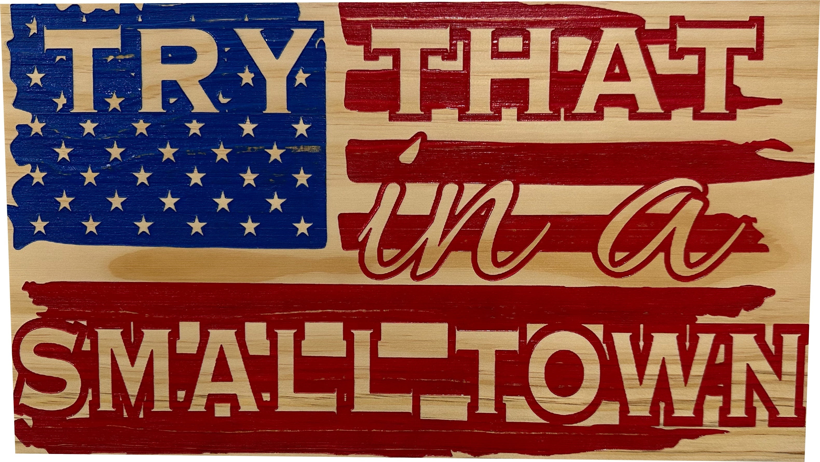 American Flag Try That In A Small Town Decorative and Secure Gun Cabinet (Red and Blue) by Bellewood Designs, Southern home decor detail photo 2