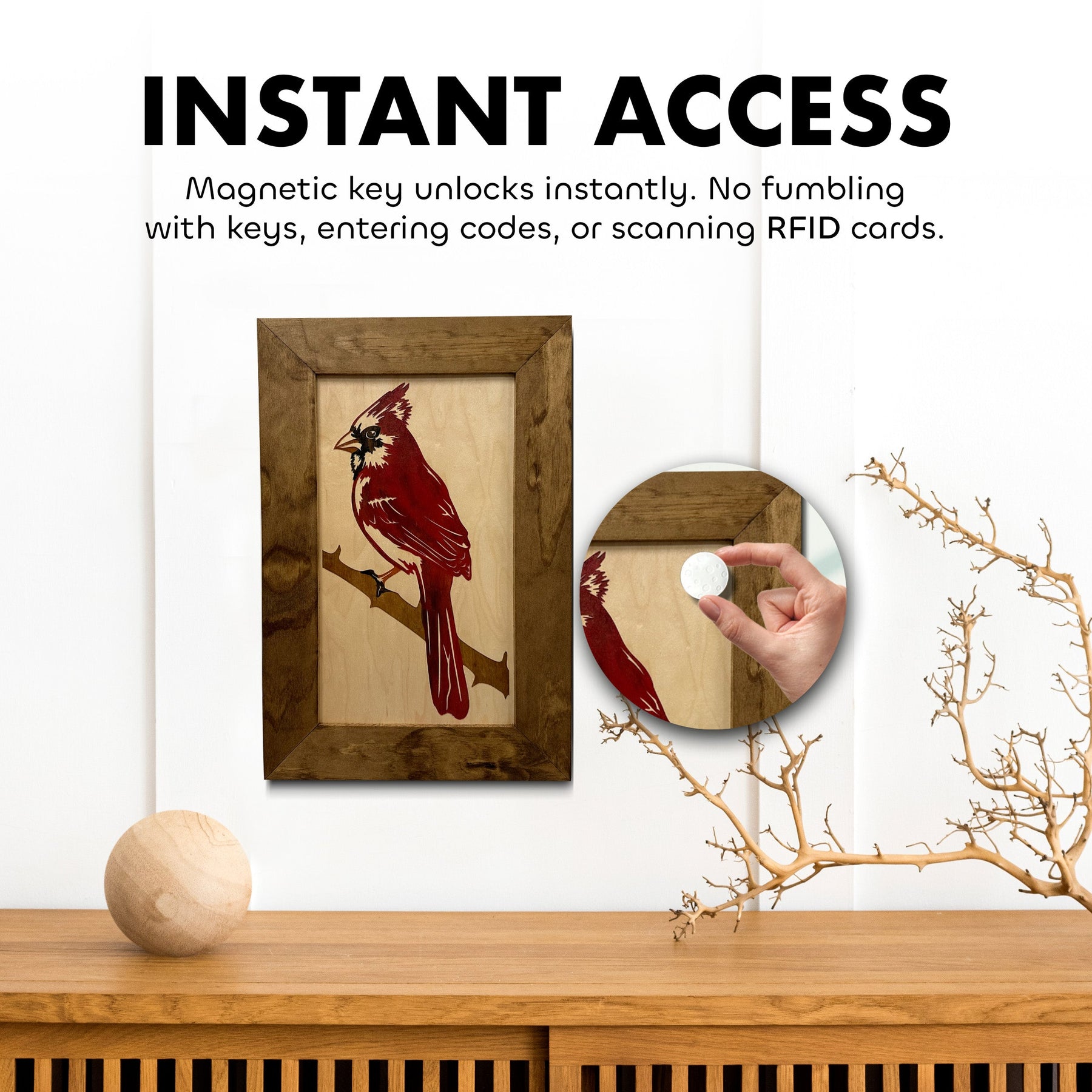 Red Cardinal Bird Gun Concealment Furniture - Handcrafted Hidden Gun Storage Wall Decor - Hidden Gun Shelf with Magnetic Lock for Quick Access