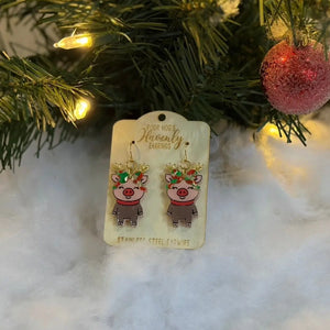 Reindeer Pig Earrings: Christmas Acrylic Drop Earrings with Stainless Steel Earwires, Holiday Jewelry, Gift for Her