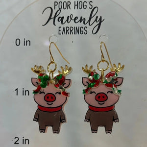 Reindeer Pig Christmas Earrings, Handmade Holiday Jewelry, Stainless Steel Earwires, Unique Festive Accessories