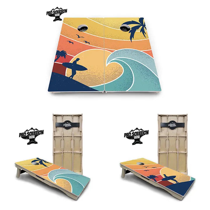Retro Beach Cornhole Boards - Pro Solution Elite Series by Cornhole Solutions, custom cornhole board main product photo
