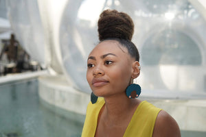 Additional view of Shelley Hoop Earrings, 2 Colors Available hand painted on lightweight wood by LE CHIC MIAMI