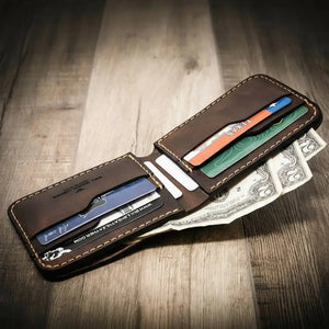Brown leather bifold wallet holding Texas driver's license, credit cards, and US dollar bills.