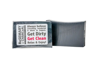 Rosemary Charcoal bar soap with label text: Get Dirty Get Clean.