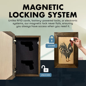 Farmhouse Rooster Gun Concealment Furniture - Handcrafted Hidden Gun Storage Wall Decor - Hidden Gun Shelf with Magnetic Lock for Quick Access