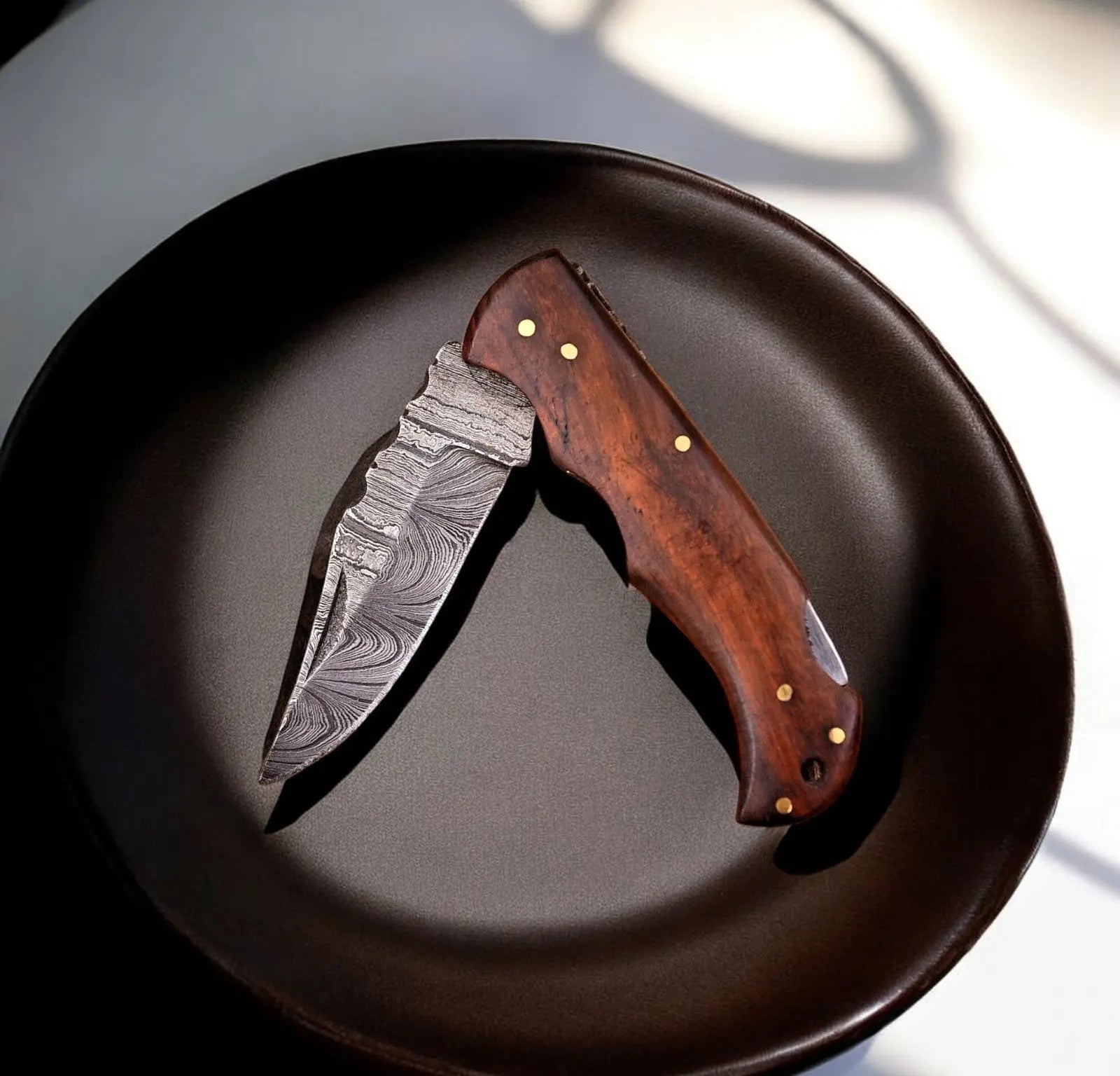 Rosewood Handle 3" Damascus Pocket Knife with Case by Damascus Knife Store, Damascus knife main product photo