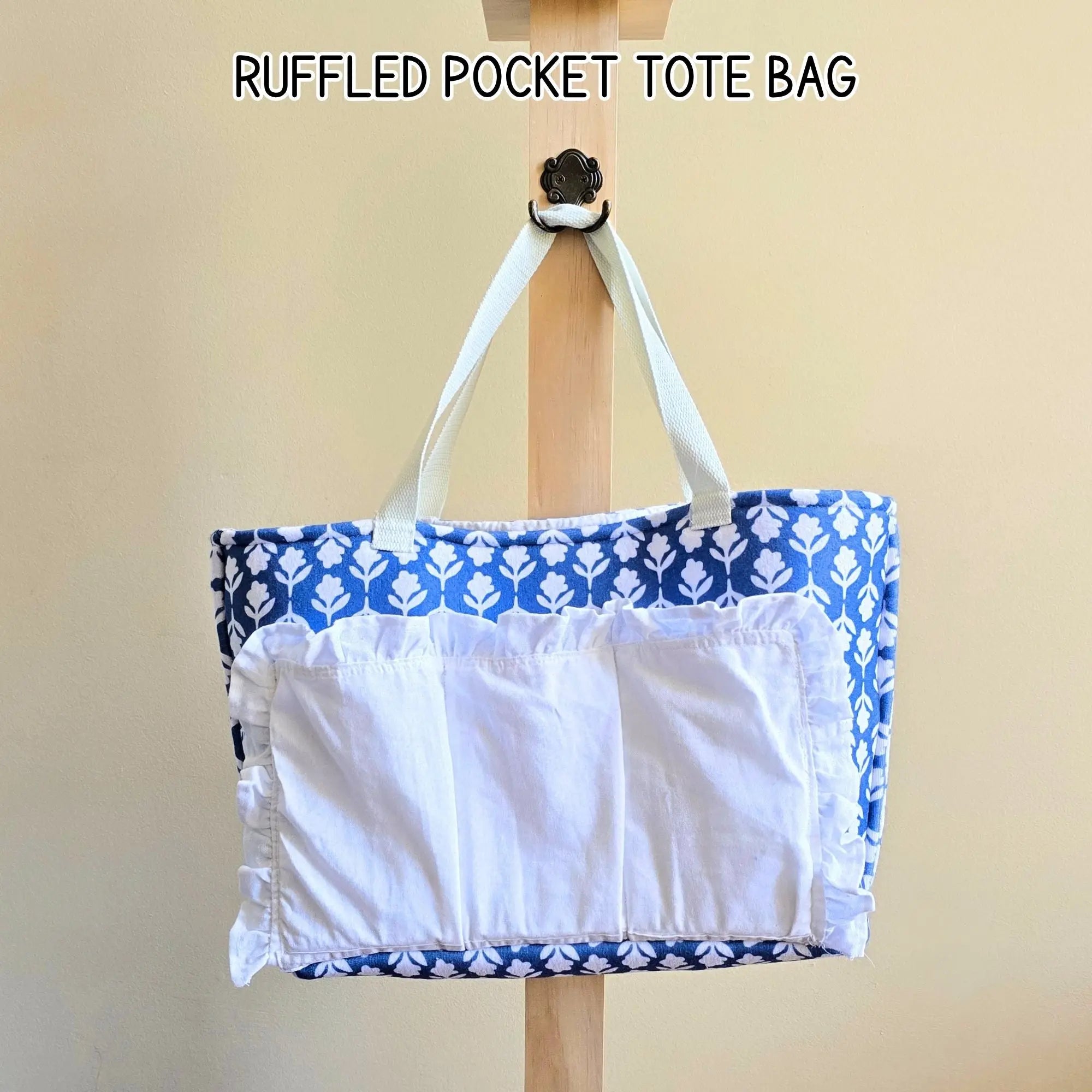 Ruffled Pocket Tote Bag, Blue Floral Tote, Coquette Tote Bag, Cottagecore Purse, Handmade Shoulder Bag, Organizer Tote, Gift for Her by Maypop House Designs, handmade leather