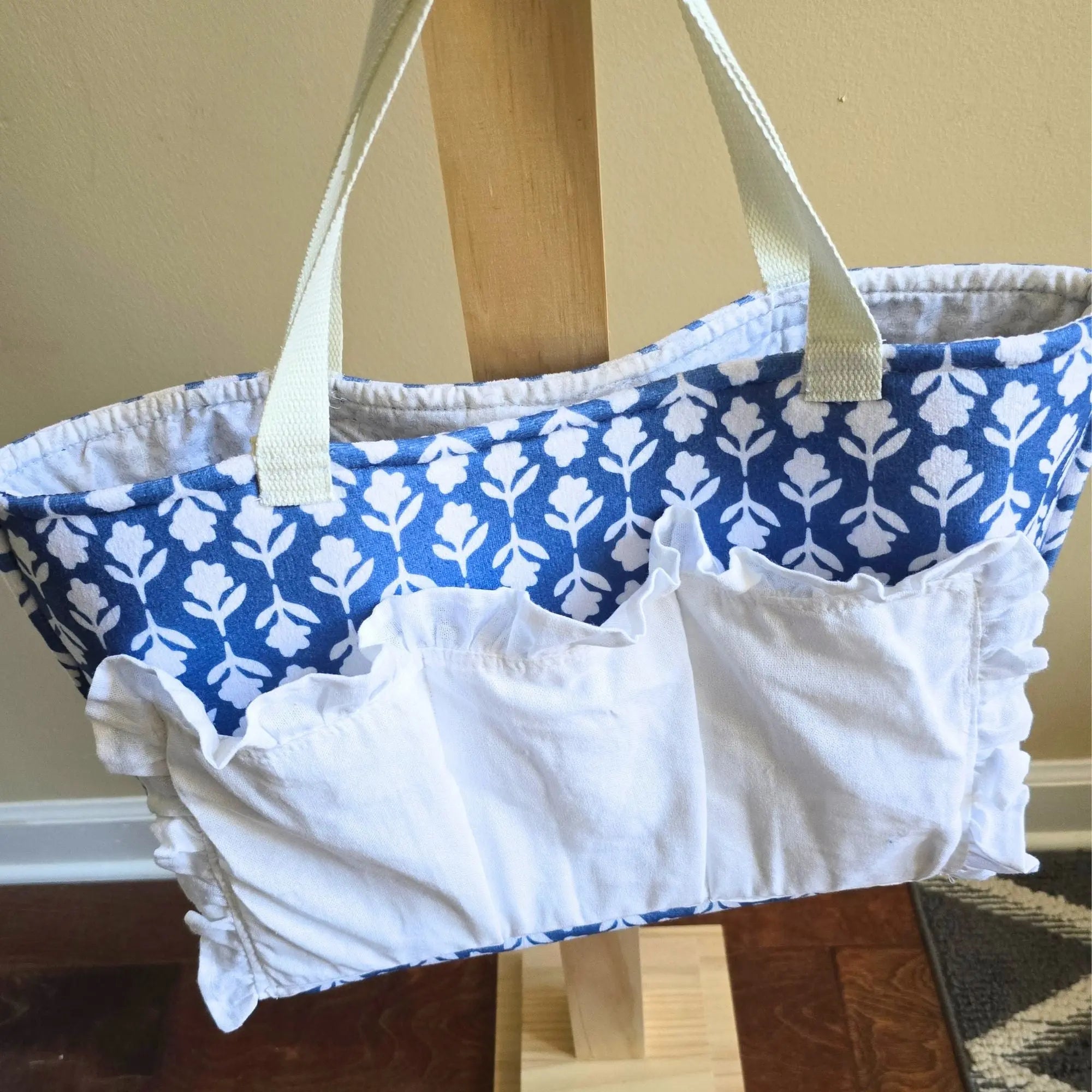 Ruffled Pocket Tote Bag, Blue Floral Tote, Coquette Tote Bag, Cottagecore Purse, Handmade Shoulder Bag, Organizer Tote, Gift for Her by Maypop House Designs, handmade leather