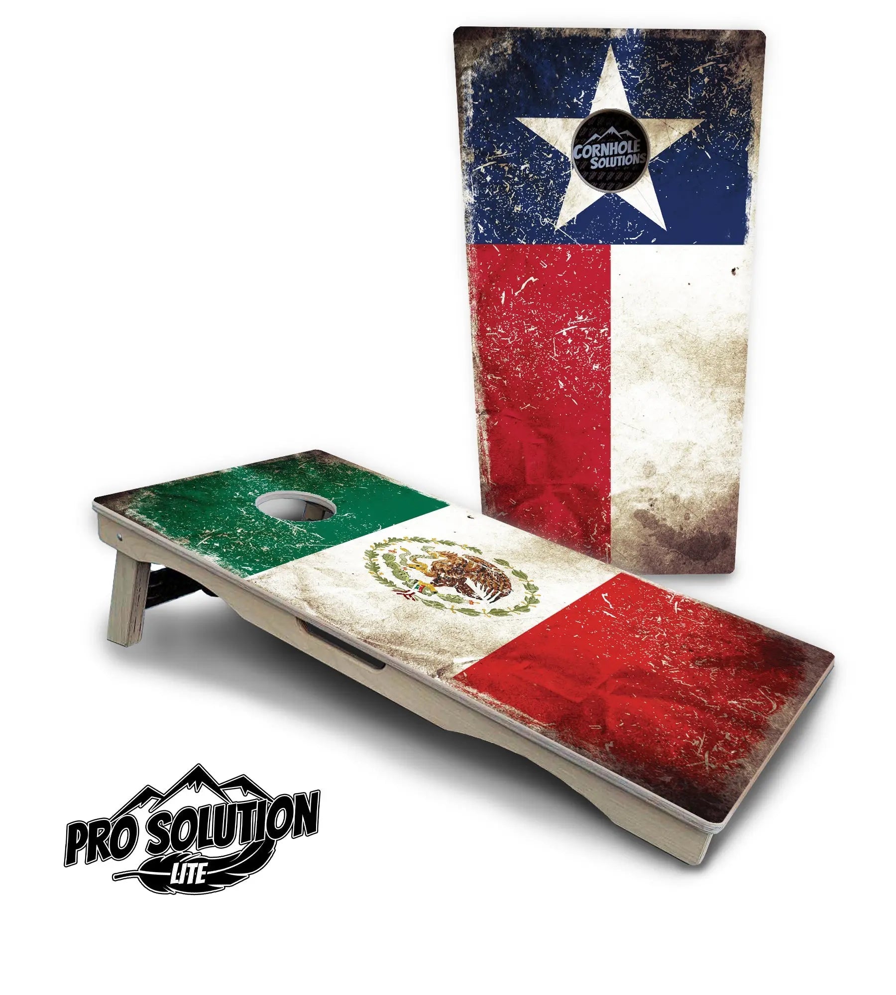 Rustic Texas & Mexico Flag Cornhole Boards - Pro Solution Lite Series by Cornhole Solutions, custom cornhole board main product photo