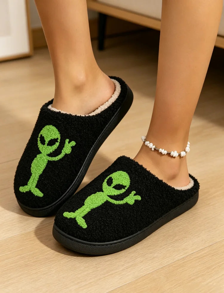Alien Embroidered Plush Women's Slippers — Cozy Non-Slip Indoor House Shoes by The Mississippi Mermaid Mercantile