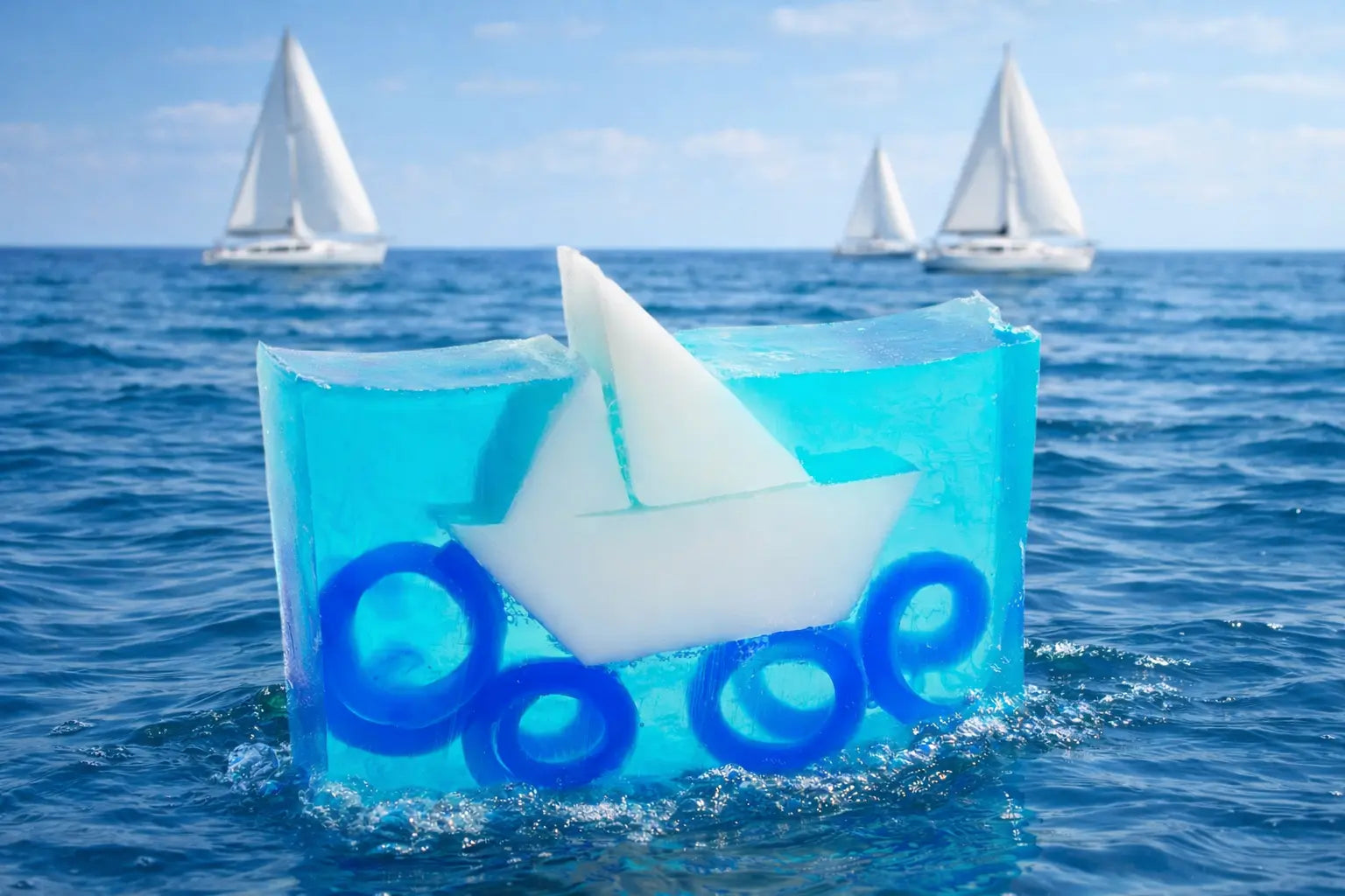Sailboat soap floating in blue jelly with ring shapes and distant sailboats.