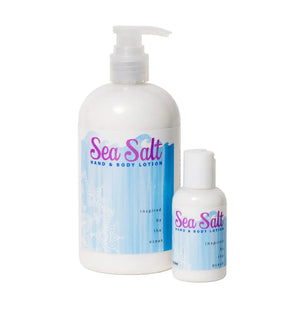 Two bottles of Sea Salt Hand & Body Lotion, one large with pump and one small.