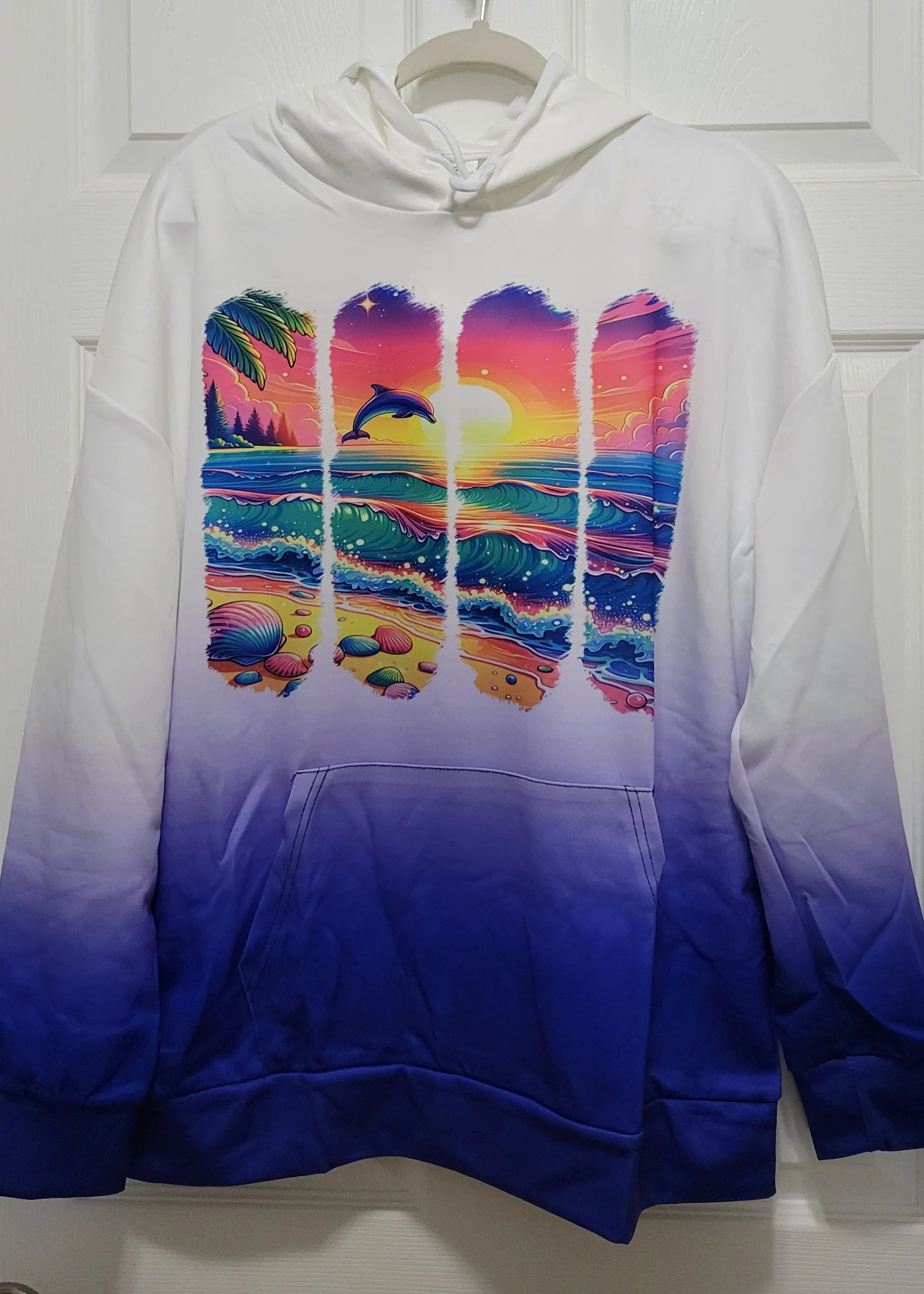 Sunset Dolphin Blue Ombre Hoodie by Two Beachin' Sisters, Southern lifestyle apparel main product photo