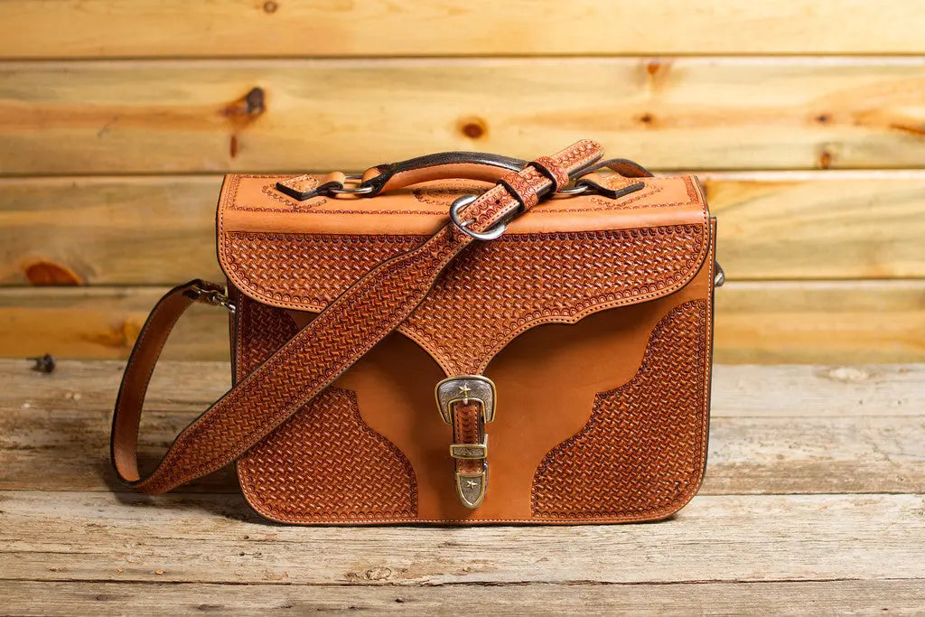 Saddle Tan Spider Briefcase by Texas Saddlery, handmade leather goods detail photo 2