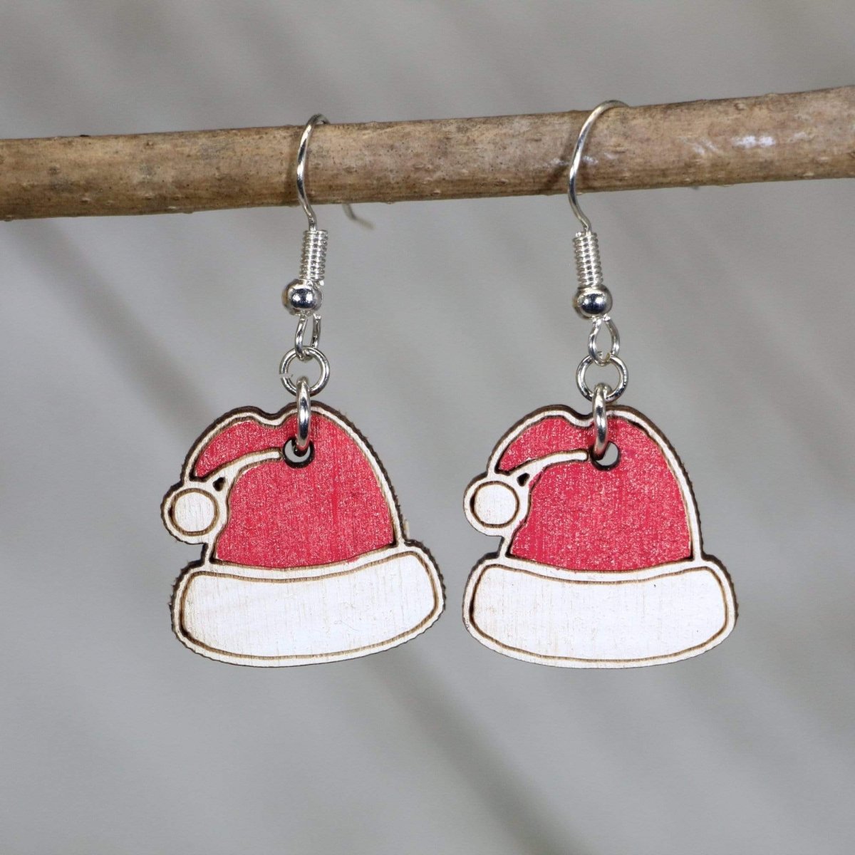 Santa Hat Wooden Dangle Earrings | Christmas Holiday Jewelry by Cate's Concepts, LLC, handmade jewelry main product photo