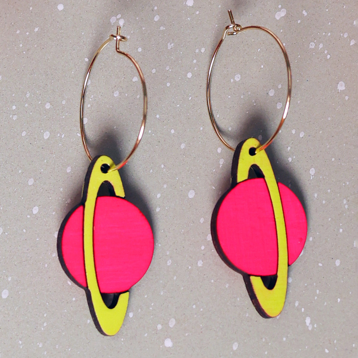Neon Saturn Hoop Earrings hand painted on lightweight wood by LE CHIC MIAMI