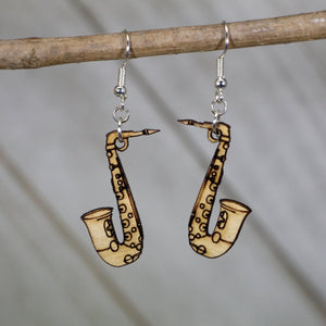 Saxophone Wooden Dangle Earrings | Band Instrument Jewelry