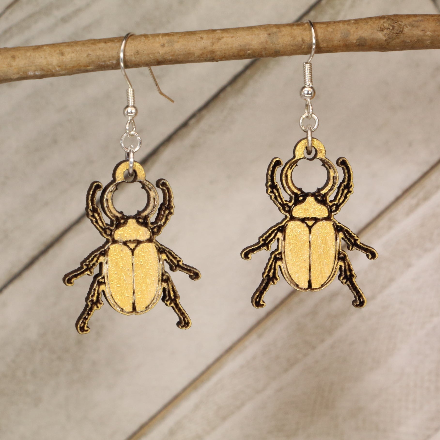 Scarab Beetle Wooden Dangle Earrings | Nature Insect Jewelry