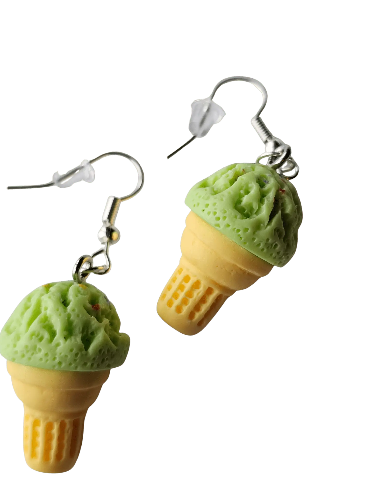 Ice Cream Cone Earrings: Green ice cream and yellow cone novelty earrings with silver-tone hooks.
