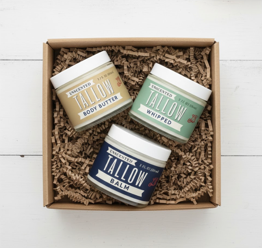 Unscented Tallow Skincare 9oz Trio - Whipped Moisturizer, Body Butter & Balm | Lady May Tallow by The Lady May, scented candle main product photo