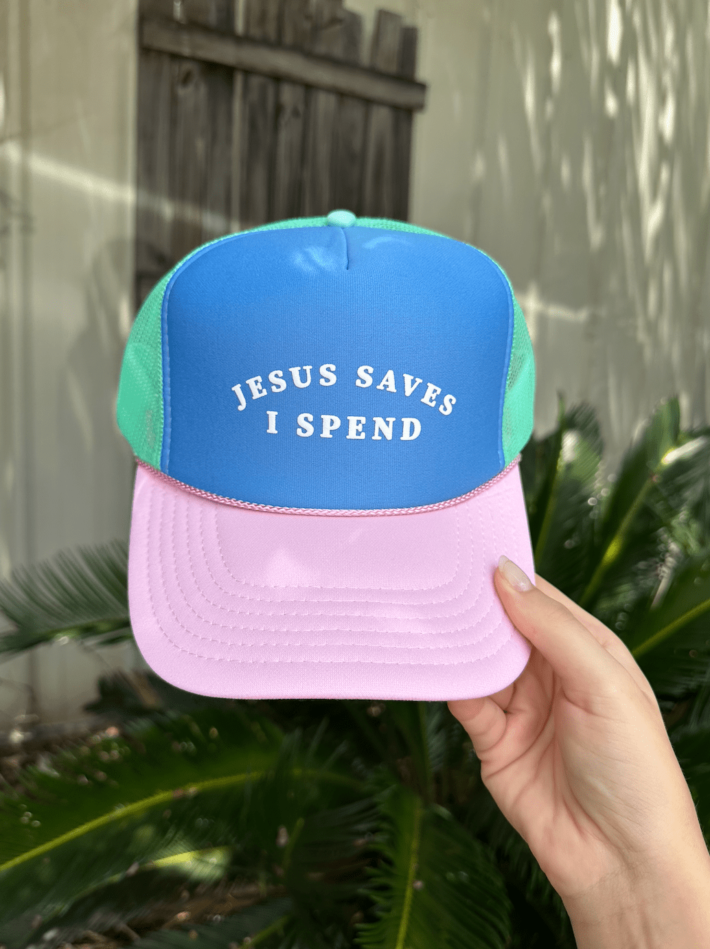Jesus Saves Multi Trucker Hat (Carolina Blue) by Southern Bliss Company, Southern lifestyle apparel main product photo