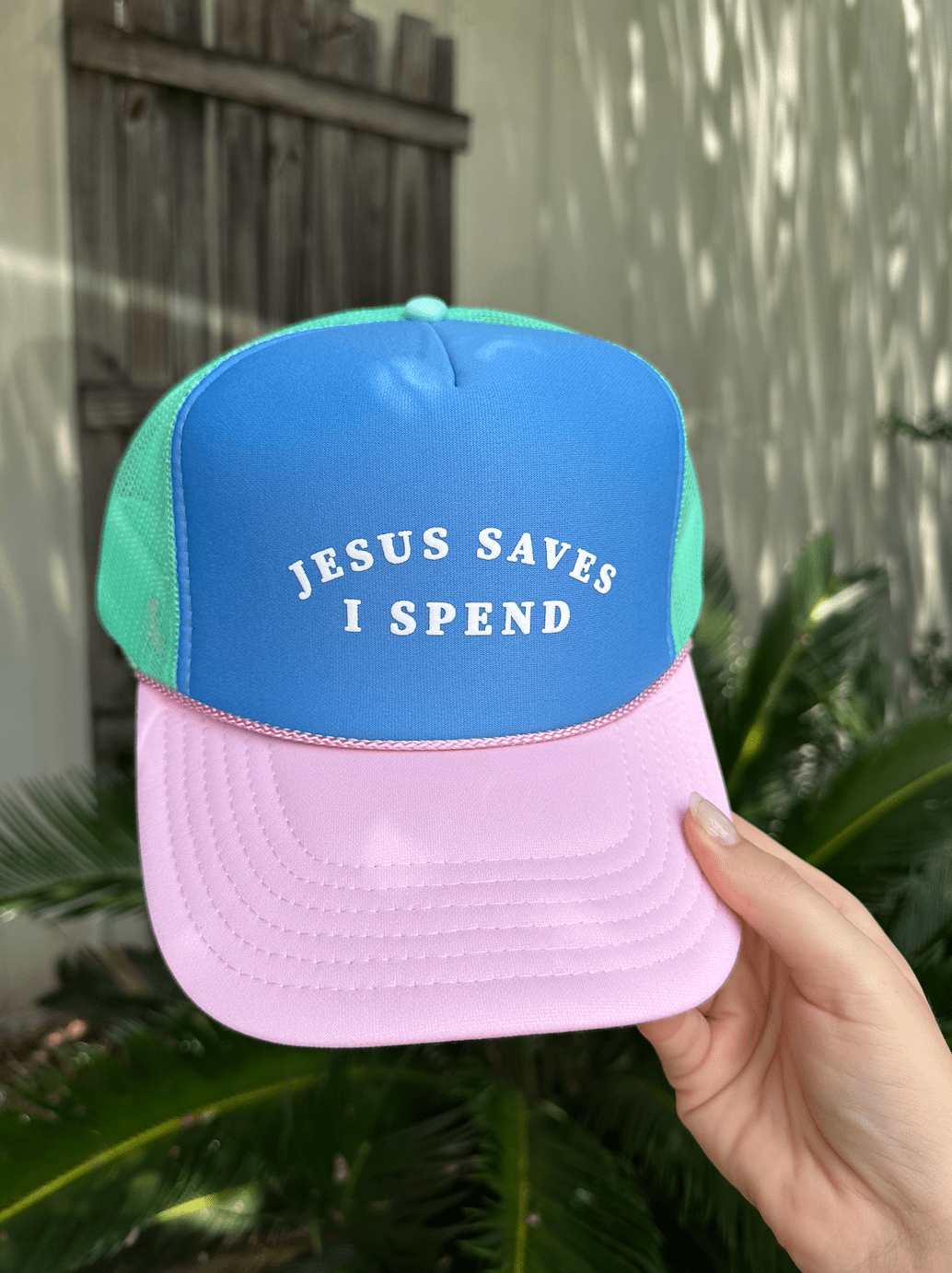 Jesus Saves Multi Trucker Hat (Carolina Blue) by Southern Bliss Company, Southern lifestyle apparel detail photo 2