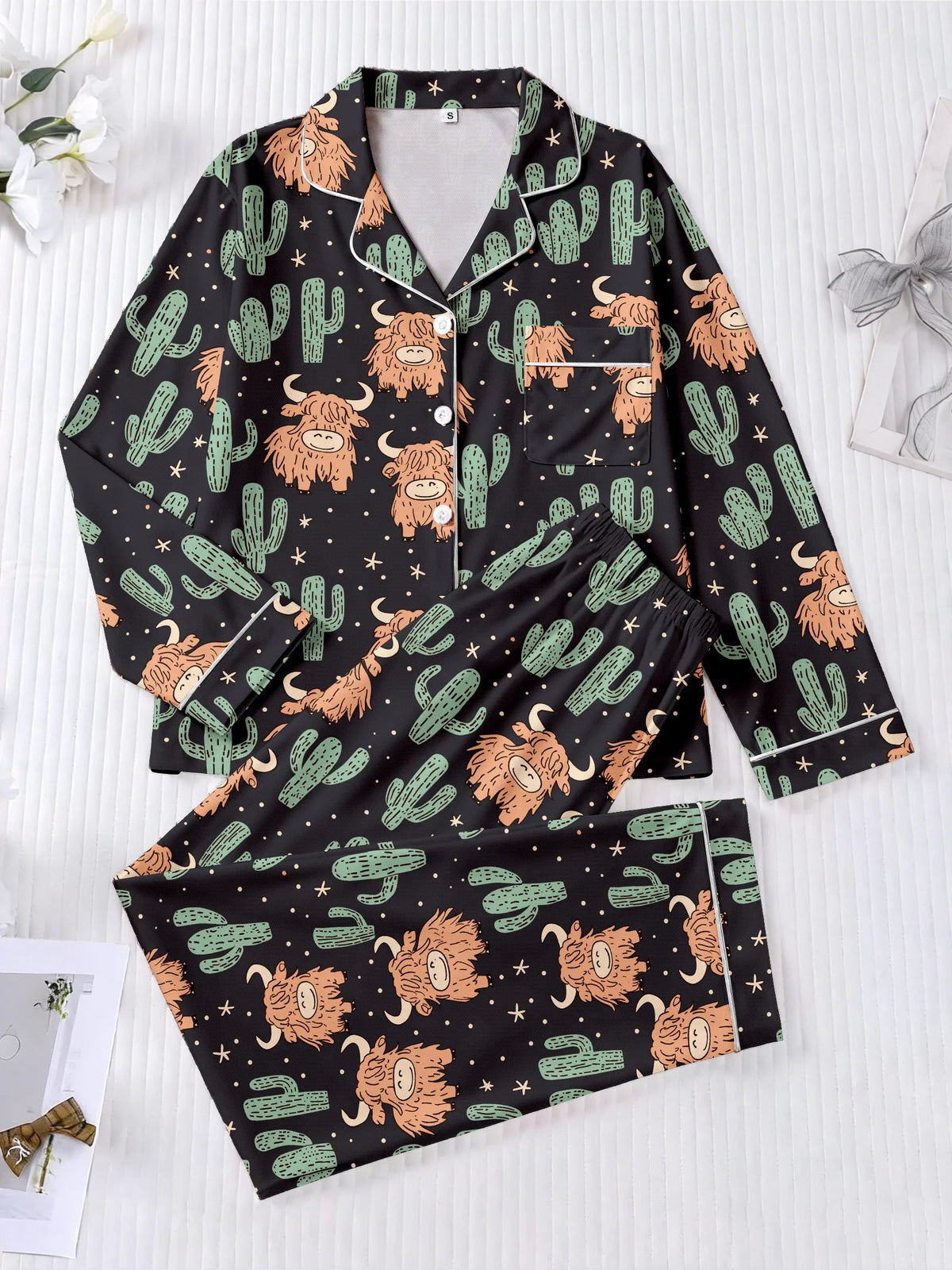 Highland Cow & Cactus Women's Pajama Set — Long Sleeve Top & Pants by The Mississippi Mermaid Mercantile