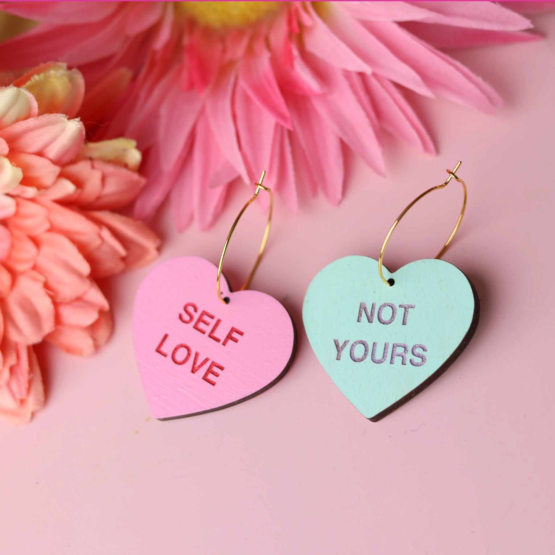 Self Love Conversation Heart Hoop Earrings hand painted on lightweight wood by LE CHIC MIAMI