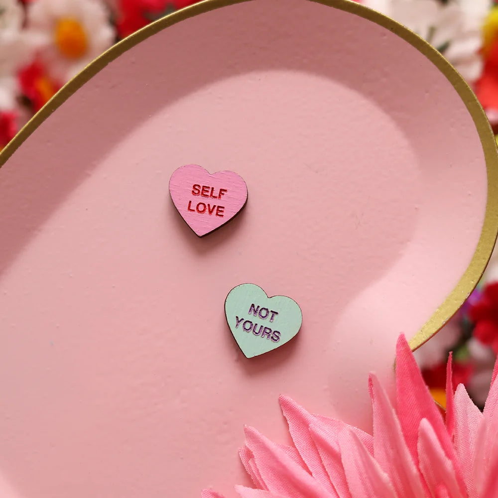 Self Love Candy Heart Stud Earrings hand painted on lightweight wood by LE CHIC MIAMI