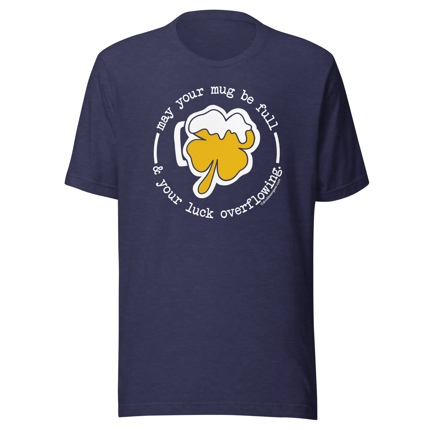Navy blue t-shirt with a shamrock beer mug graphic and the text "May your mug be full & your luck overflowing."
