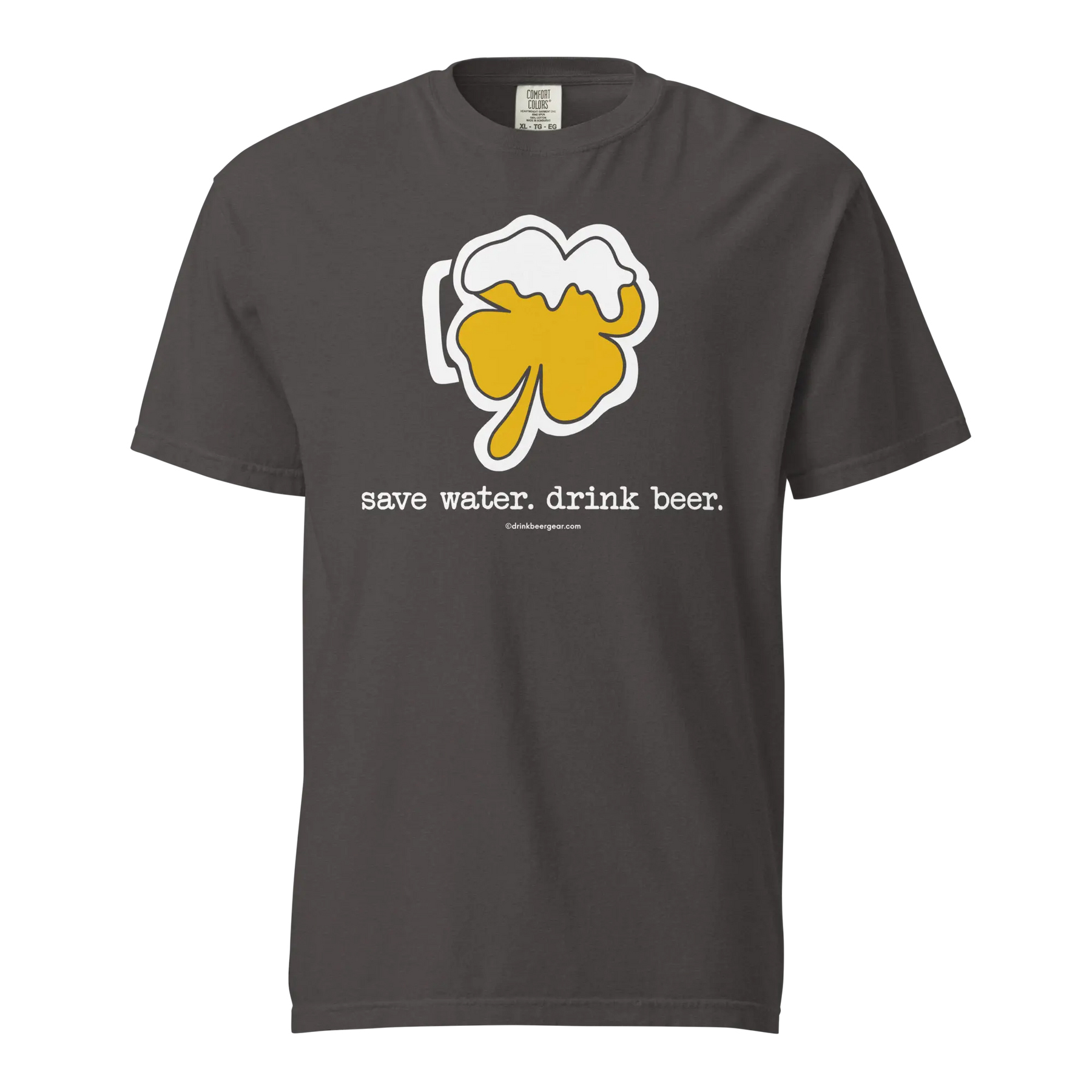 Gray t-shirt with a shamrock beer mug graphic and the text "save water. drink beer."