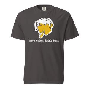 Gray t-shirt with a shamrock beer mug graphic and the text "save water. drink beer."