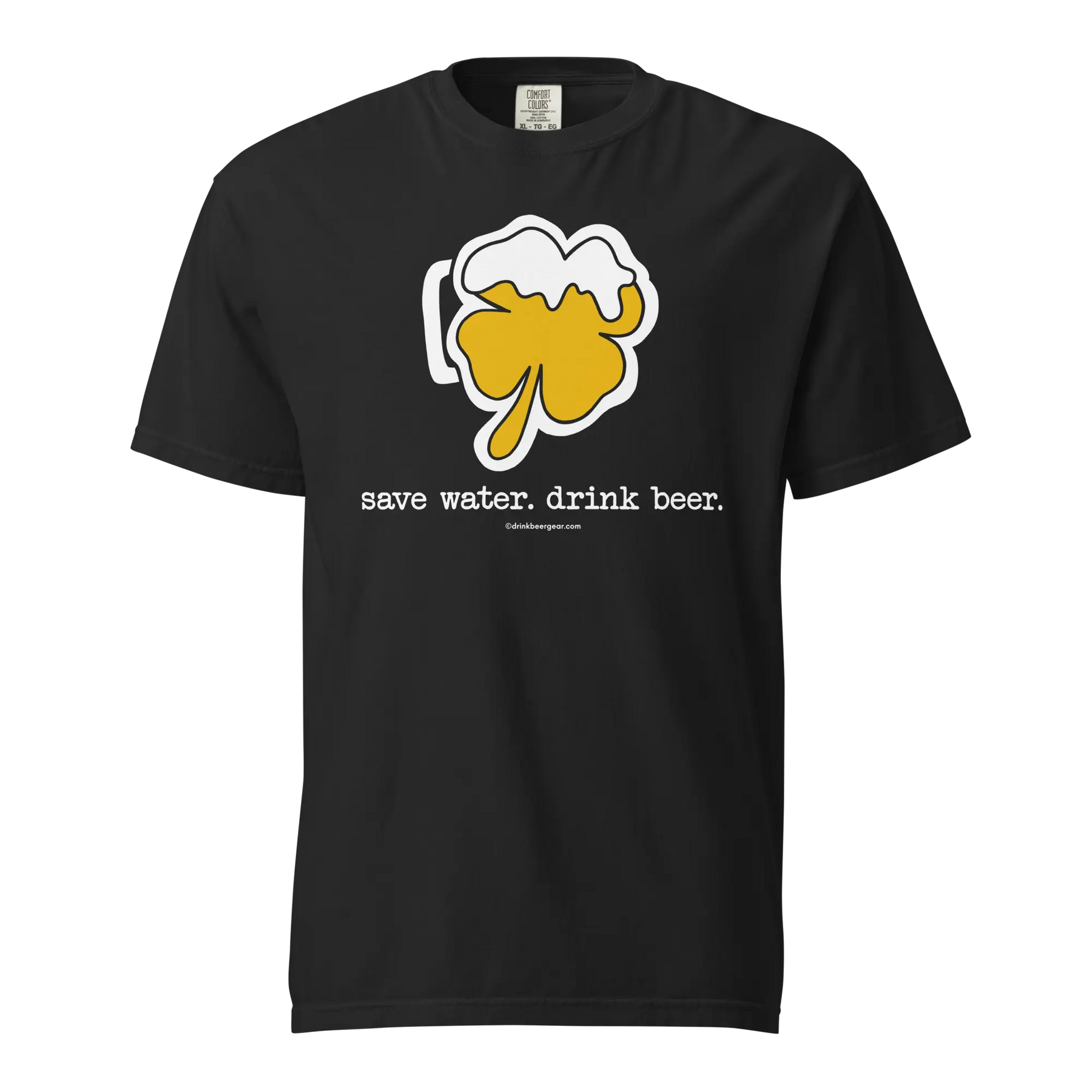 Black t-shirt with a beer mug shamrock graphic and the text "save water. drink beer."
